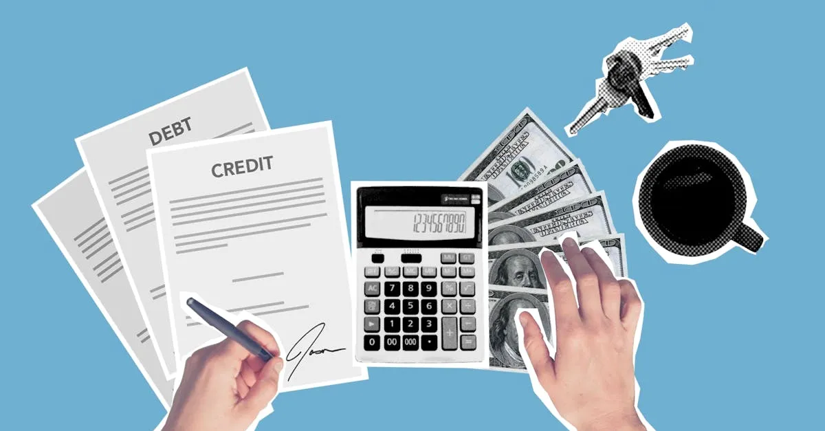 Person using a loan calculator with paperwork and cash to plan monthly payments