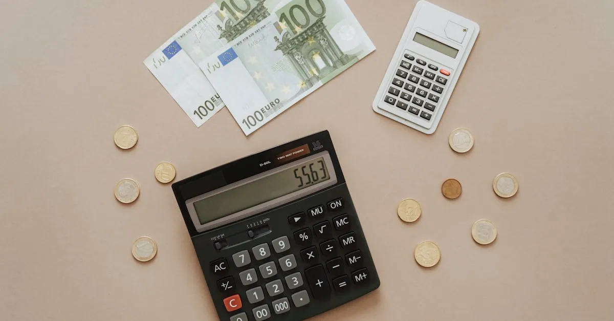 Calculator with coins and numbers — percentage calculations for finance
