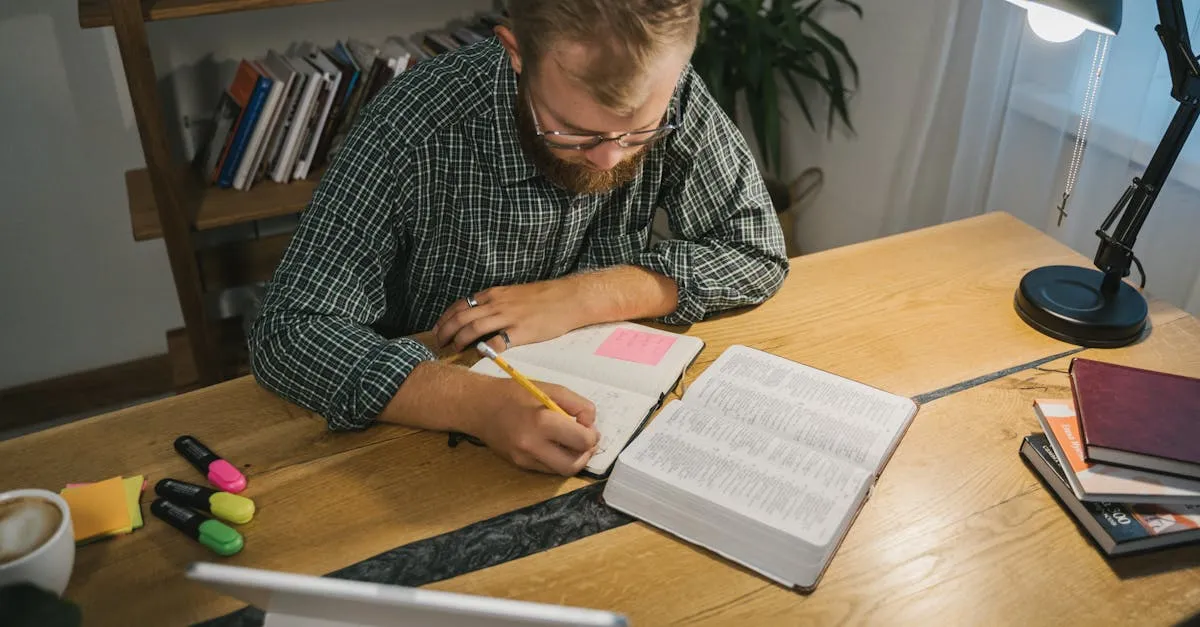 Person reading and annotating a document at a desk — readability analysis for clearer writing